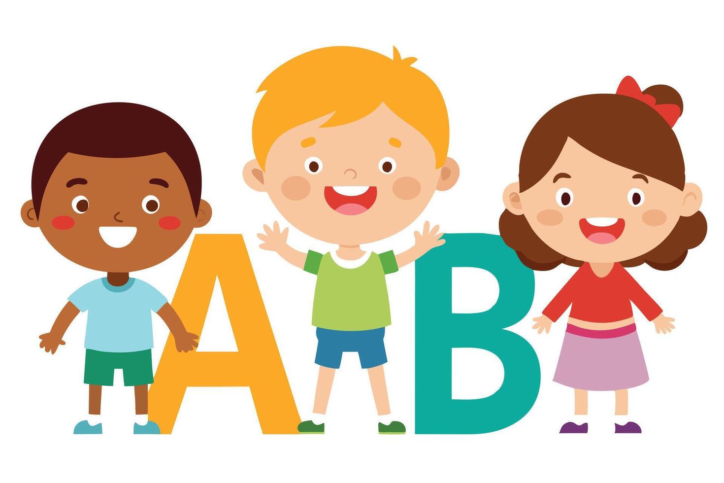 Smiling Cartoon Kids with Letter A and B on White Background vector
