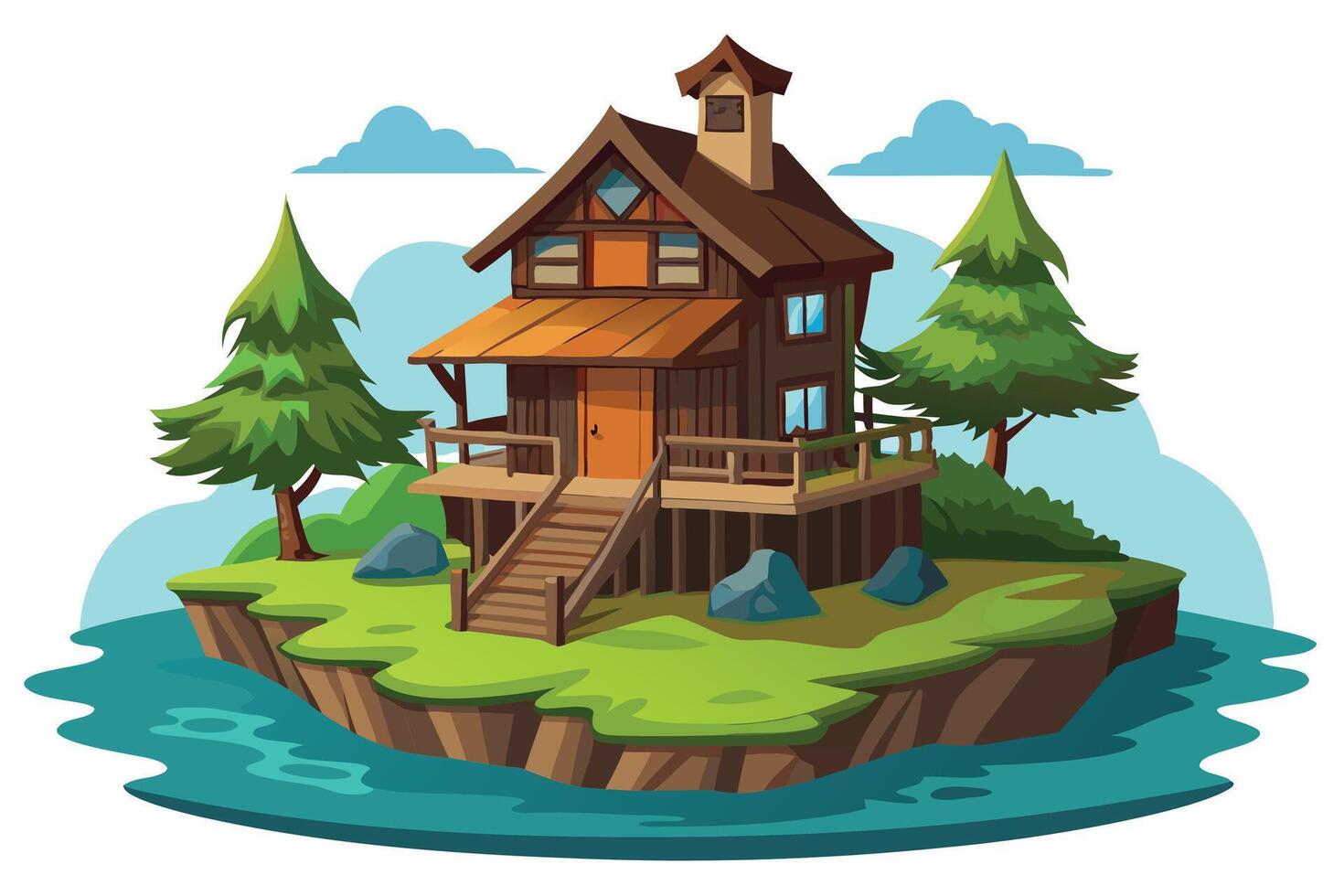 Island Wooden Cabin Retreat, Cartoon Style, Trees, Water, Isolated on White vector