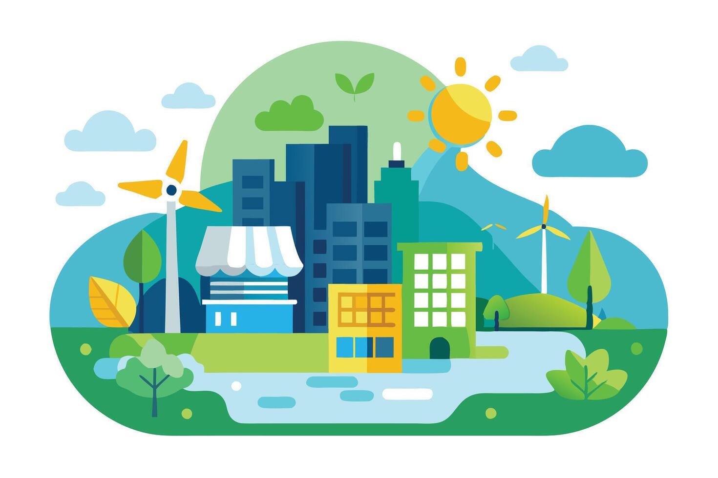 Flat Cityscape with Wind Turbines, Buildings, River, Clouds, and Sun on White vector