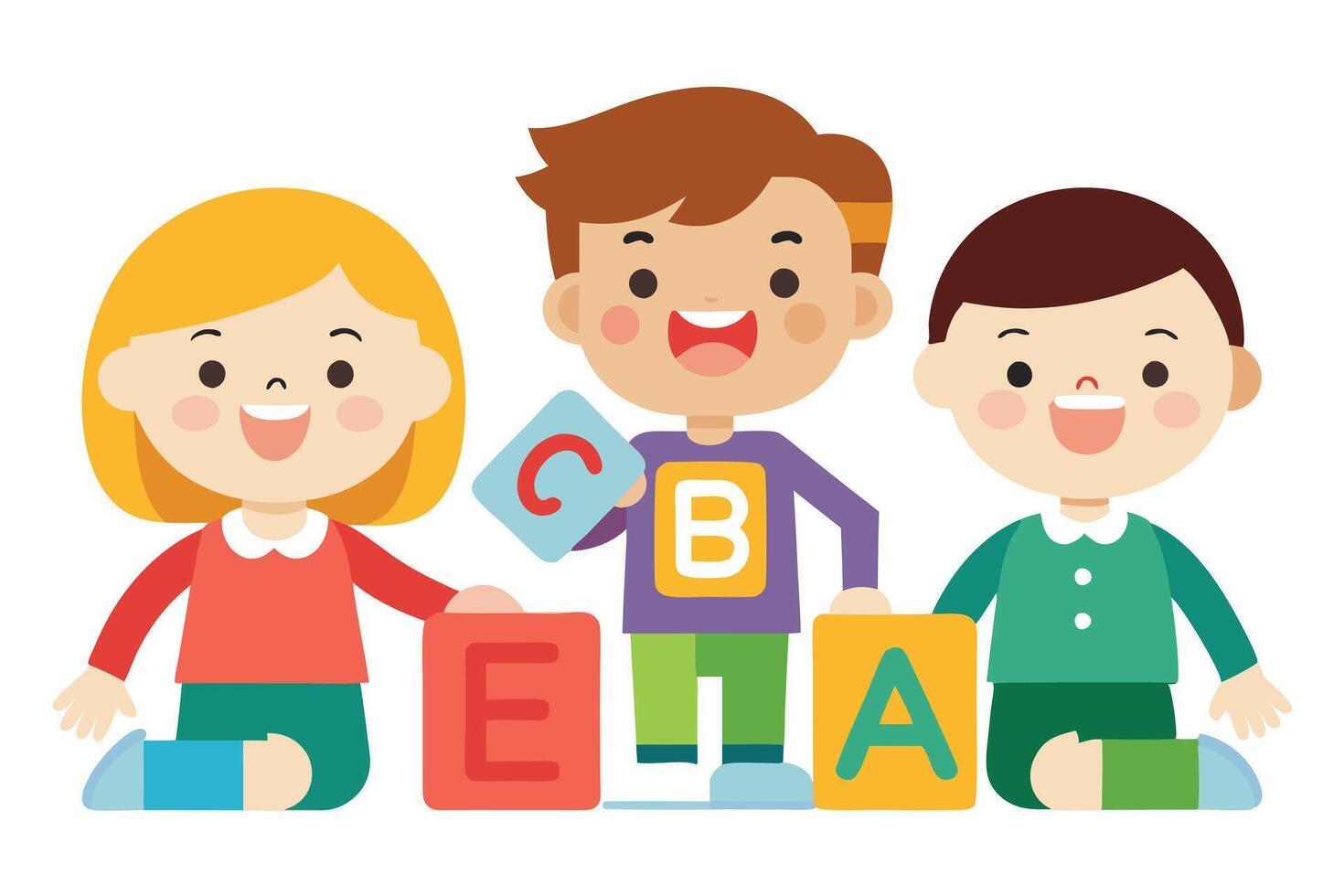 Cheerful Kids Playing with Alphabet Blocks, Cartoon Style Children on White Background vector