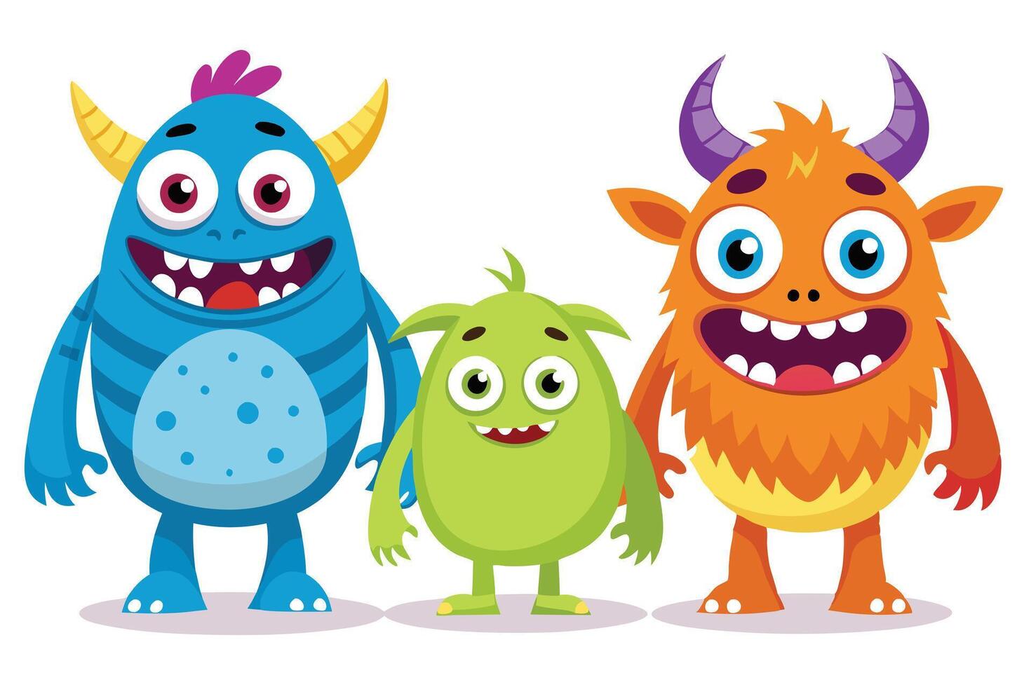 Playful Cartoon Monsters Set, Happy Blue, Green, and Orange Creature on White vector