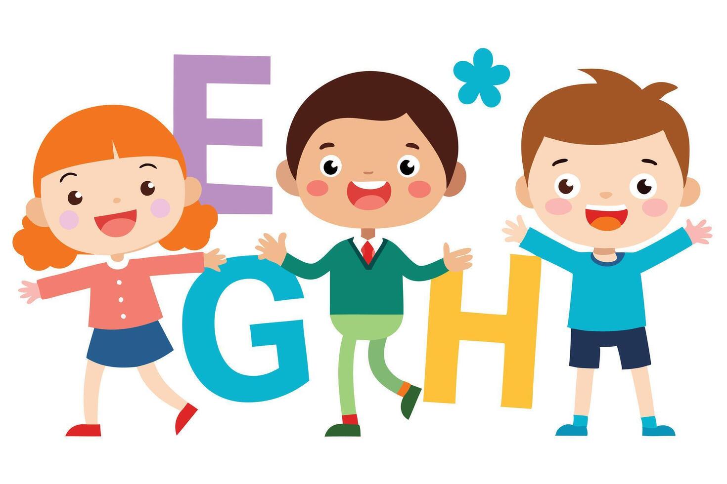 Cheerful Cartoon Kids with EGH Letters Smiling on White Background vector
