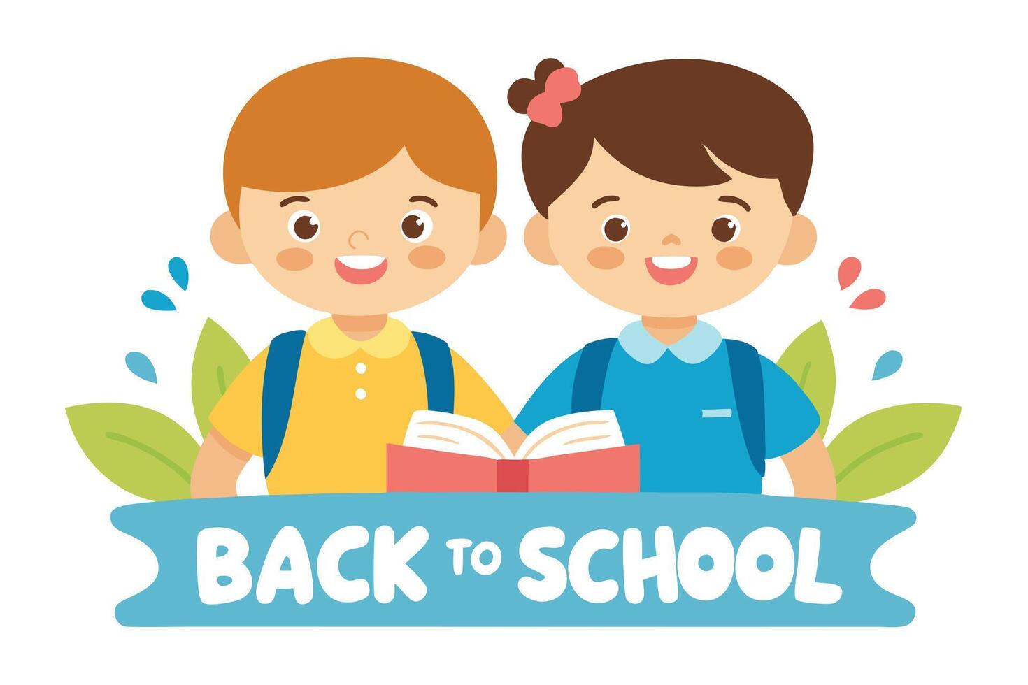 Smiling Students Boy and Girl Cartoon Reading Book Together in White Background vector