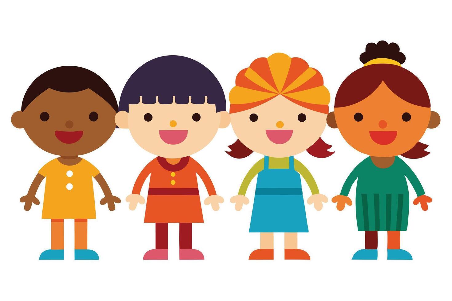 Diverse Cartoon Kids Standing Together with Joyful Expressions on a White Background vector