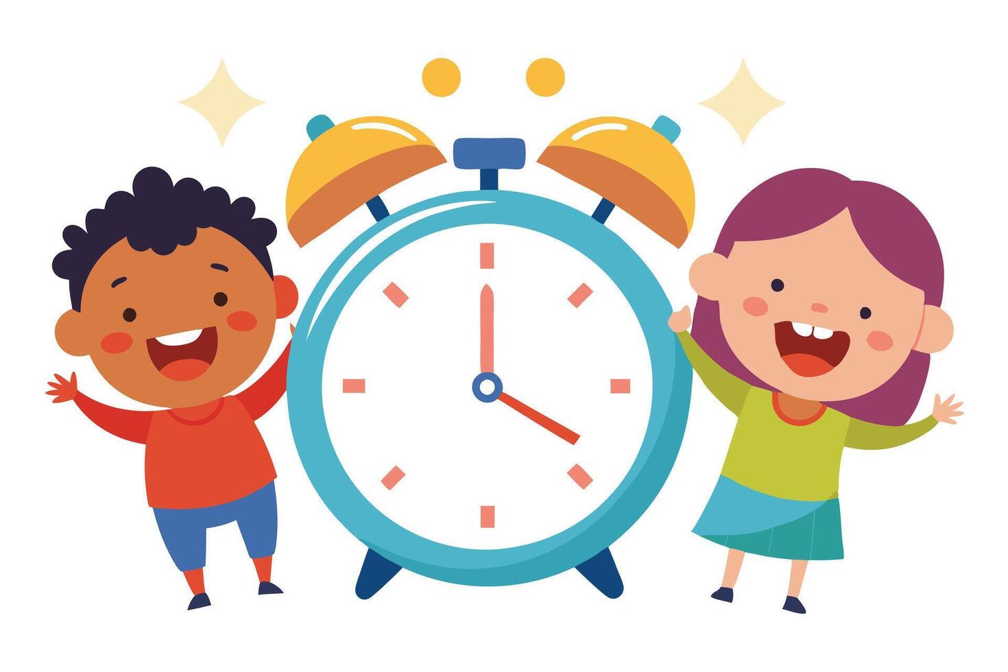 Cartoon Style Boy and Girl Standing Beside Classic Alarm Clock on White Background vector