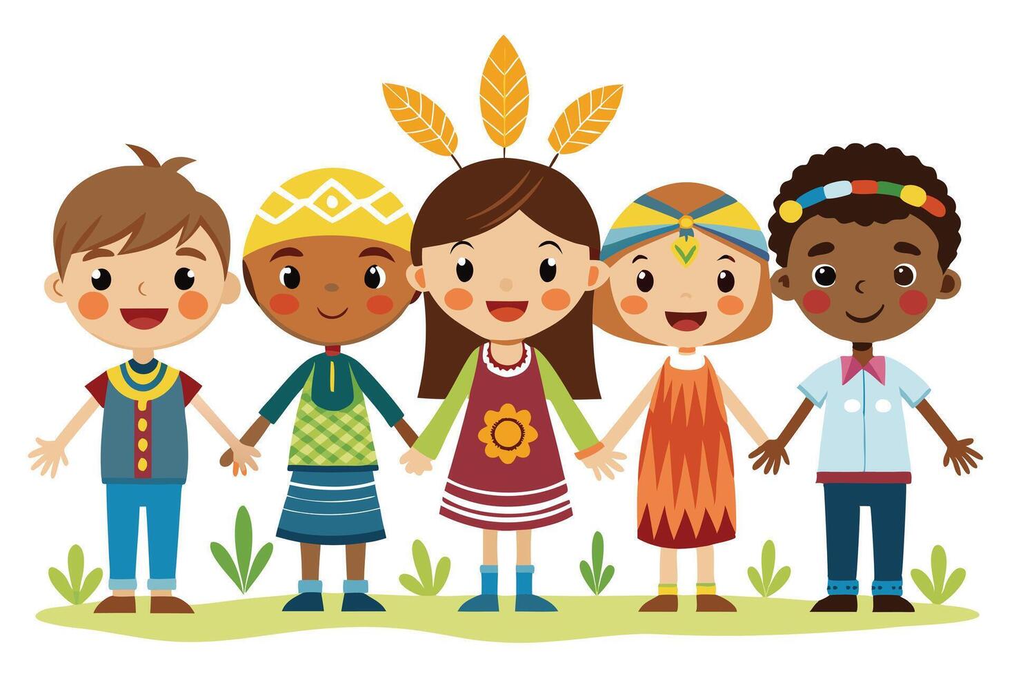 Diverse Cartoon Children Holding Hands on Green Ground with White Background vector