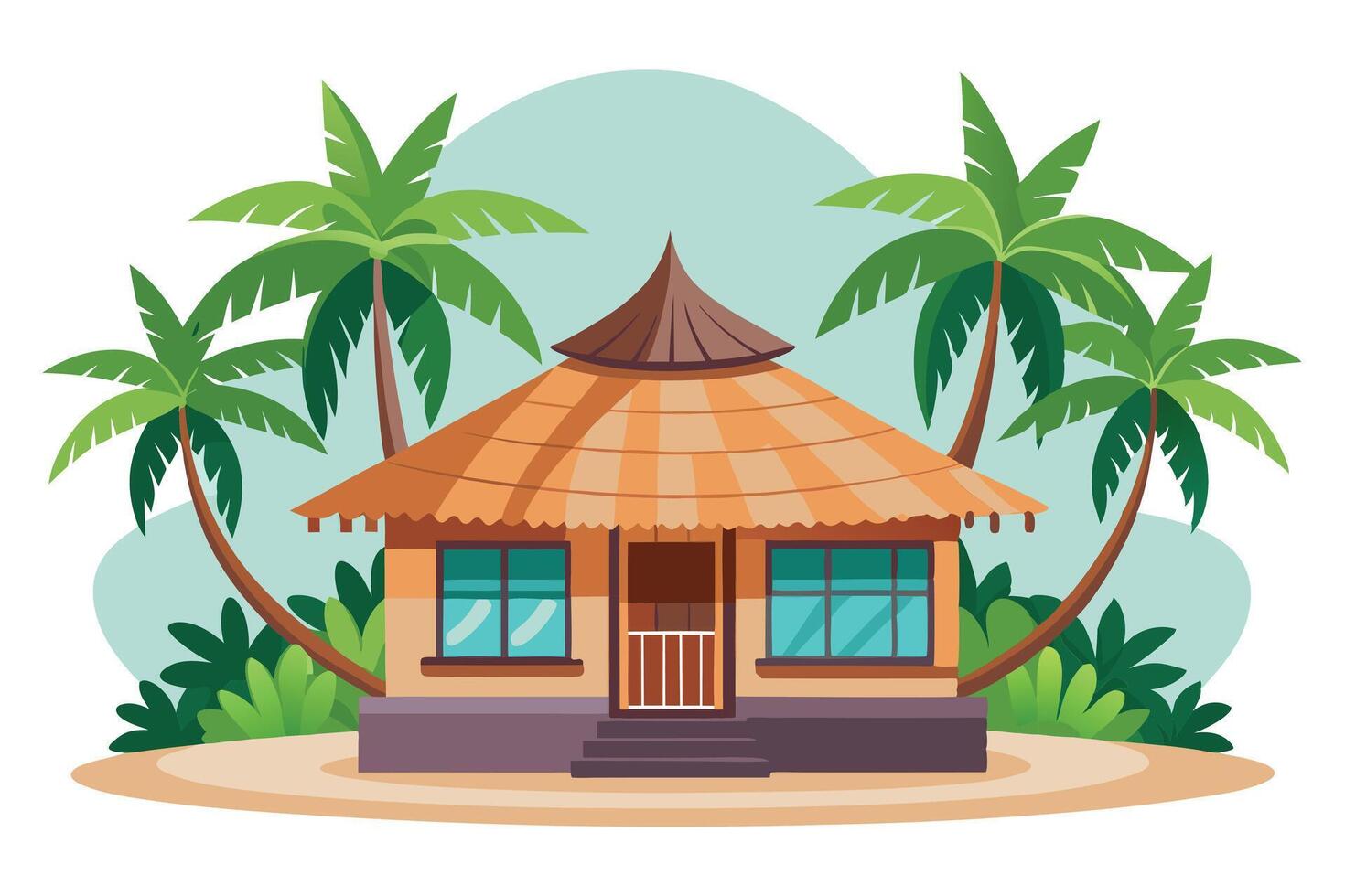 Tropical Beach House with Palm Trees, Green Leaves on the Beach, and Soft Blue Sky vector