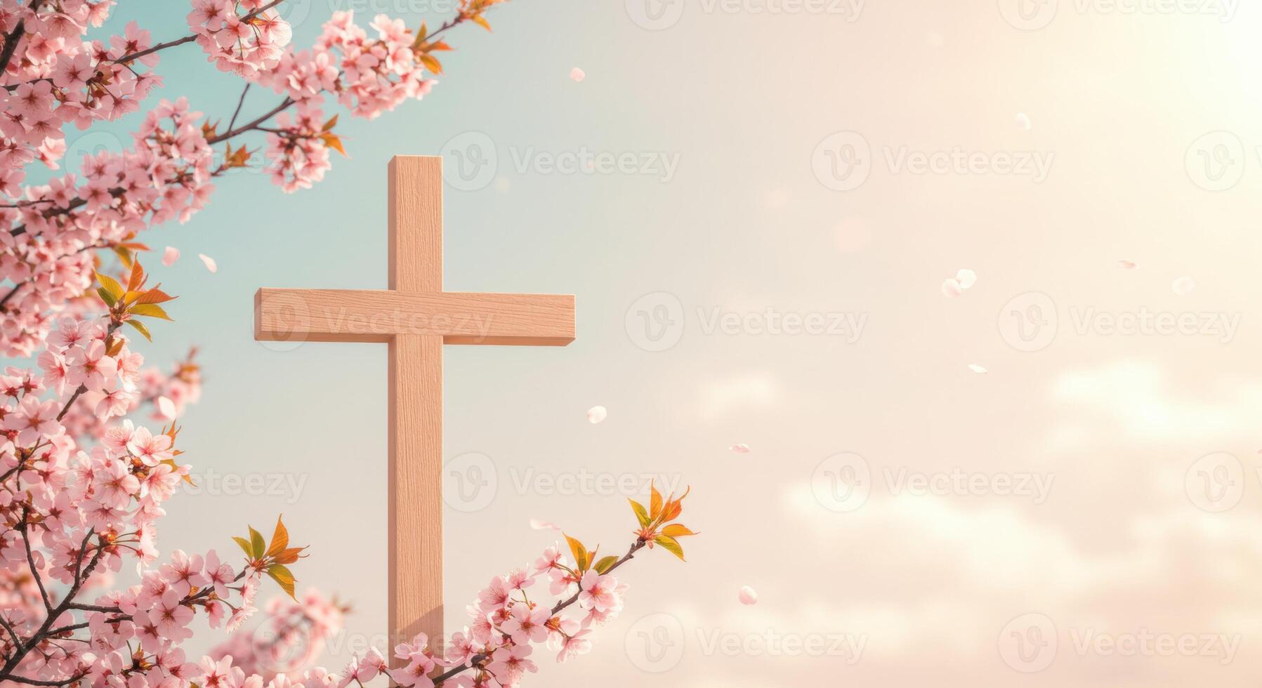 Wooden cross surrounded by blooming cherry blossoms under a soft pastel sky at sunset photo
