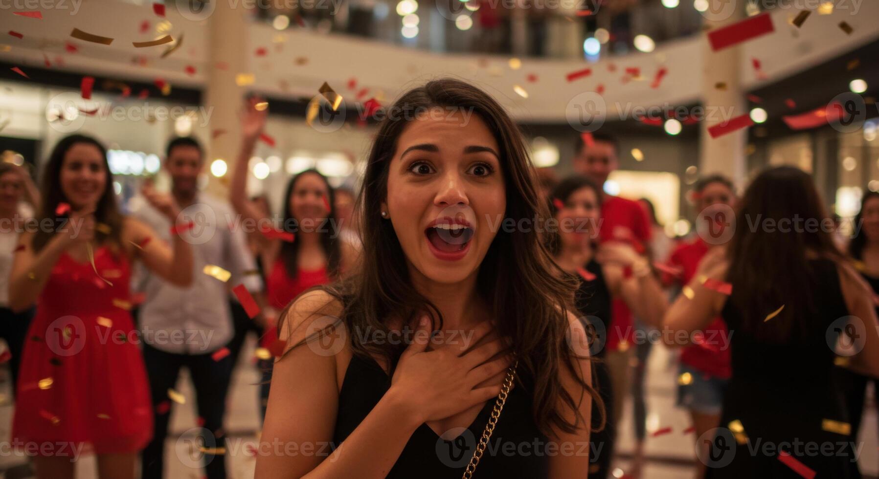 Excited woman celebrating in a vibrant indoor party atmosphere with confetti and joyful crowd - mouth agape photo