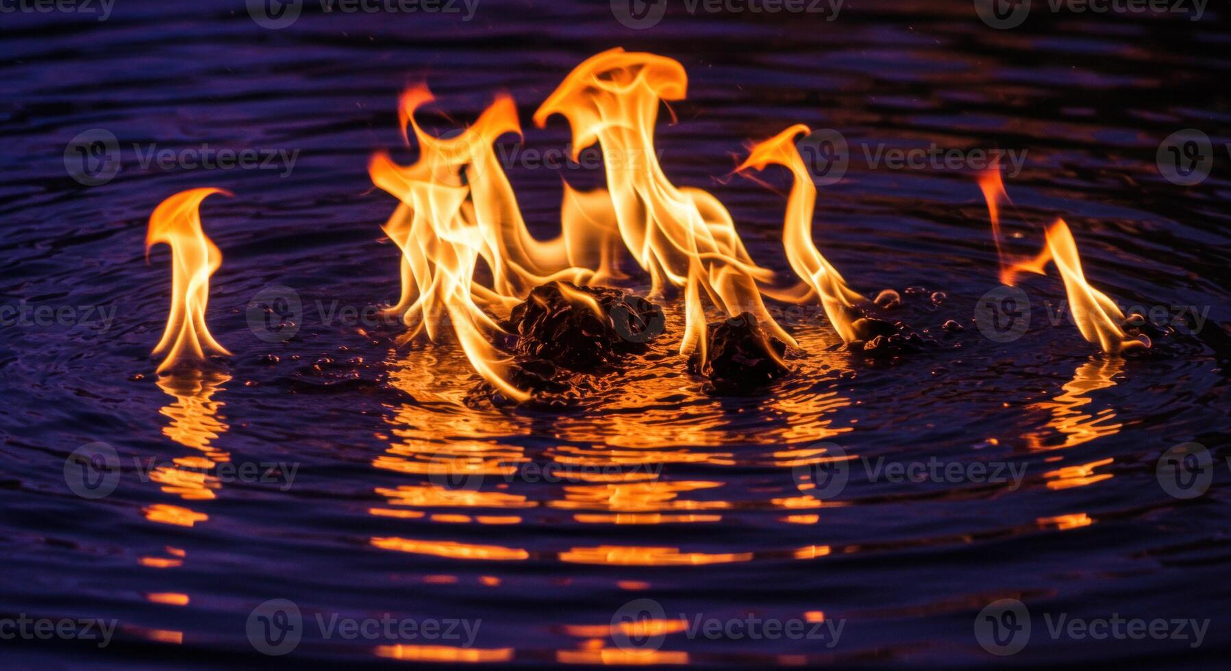 Flames dancing above water, creating mesmerizing reflections at dusk, showcasing nature's beauty photo