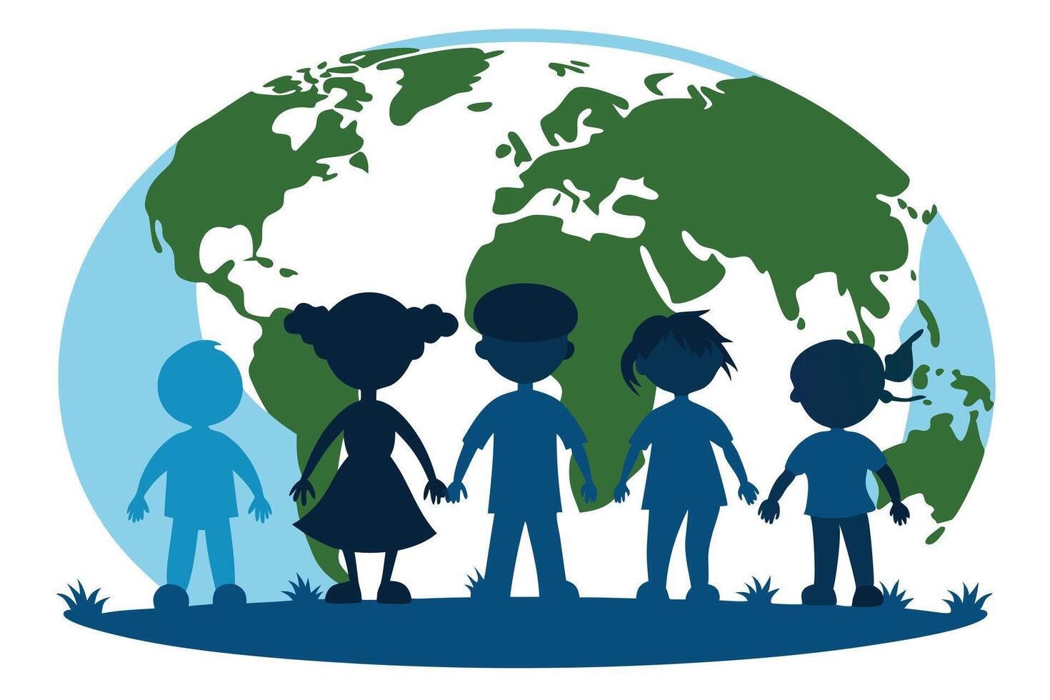 Earth Day Stylized Silhouettes of Diverse Children Holding Hands, Globe Background vector