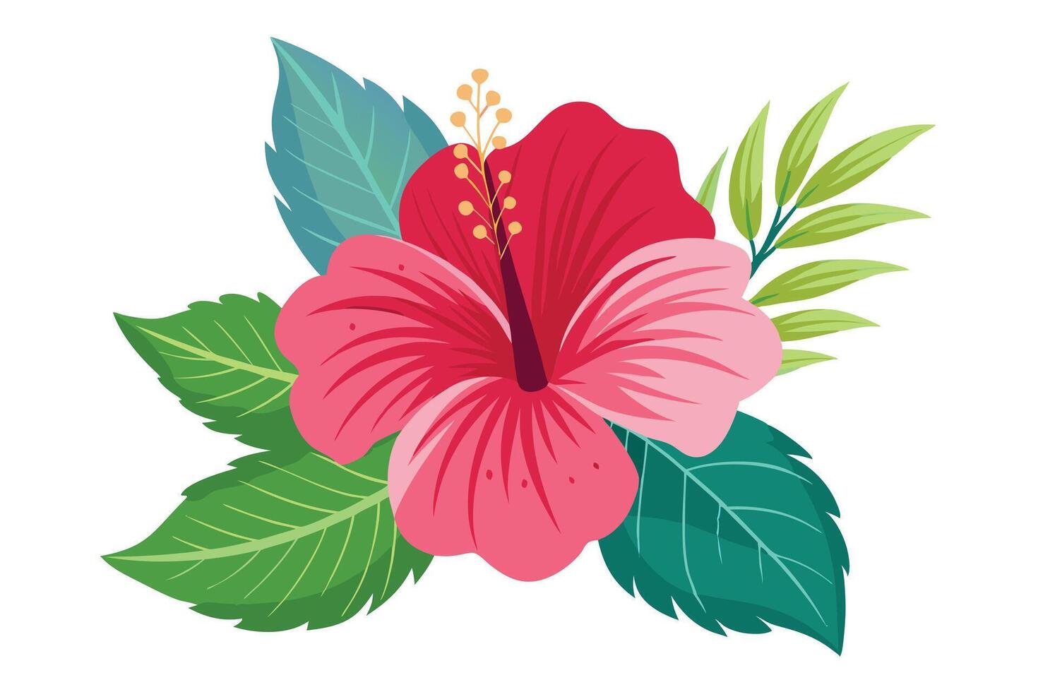 Detailed Pink and Red Hibiscus Flower with Vibrant Green and Teal Leaves vector