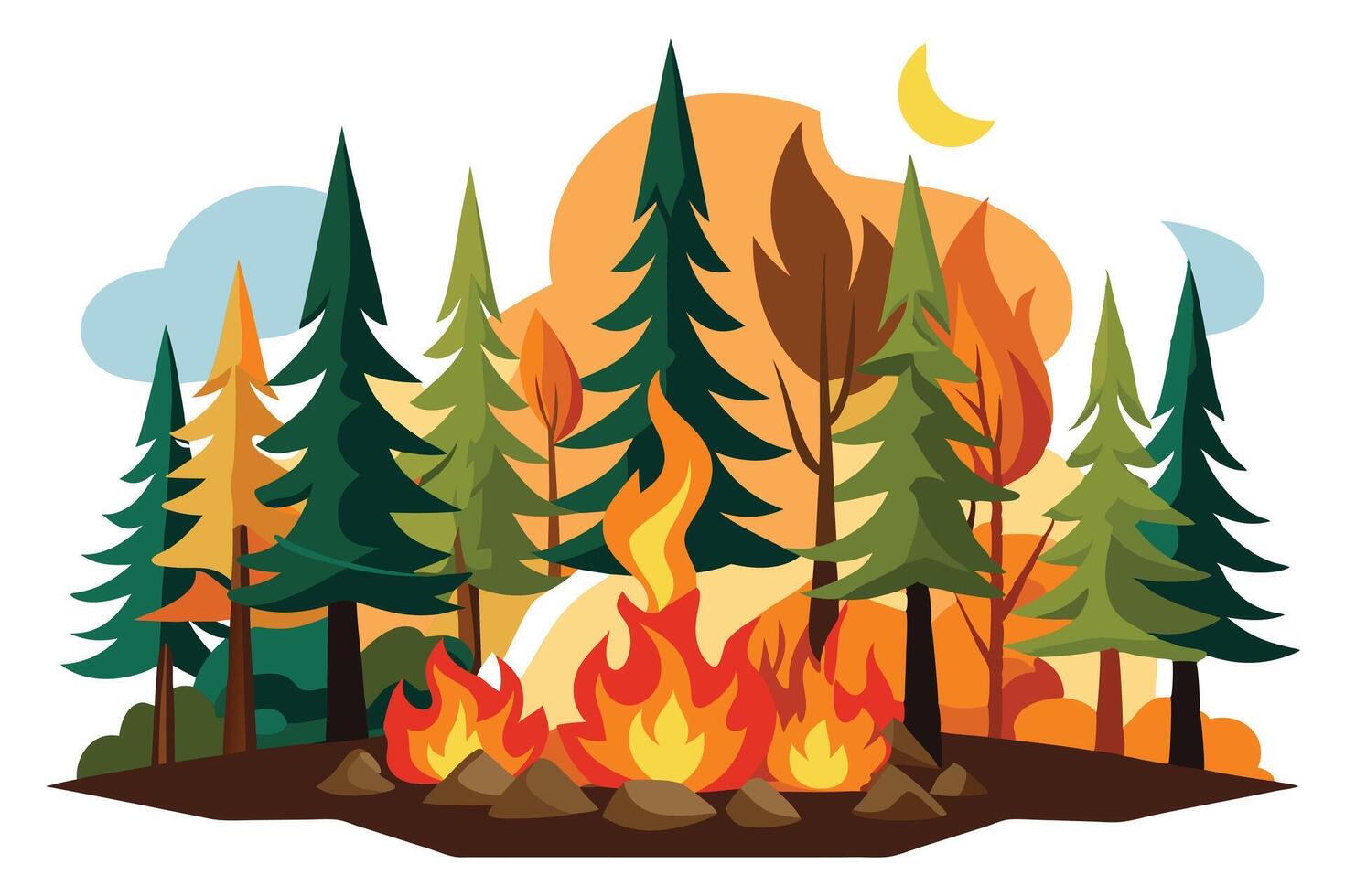 Forest with Campfire, Trees, Moon, Foliage and Nature on White vector