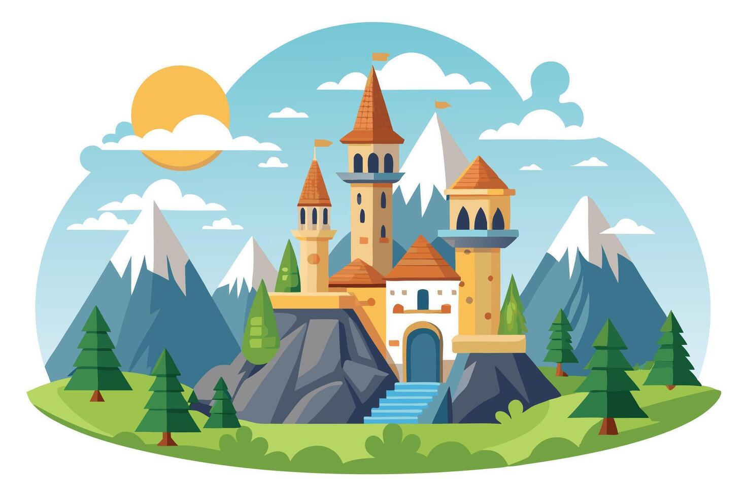 Fantasy Castle with Mountains, Sky, Sun, Trees and Green Meadow Flat vector