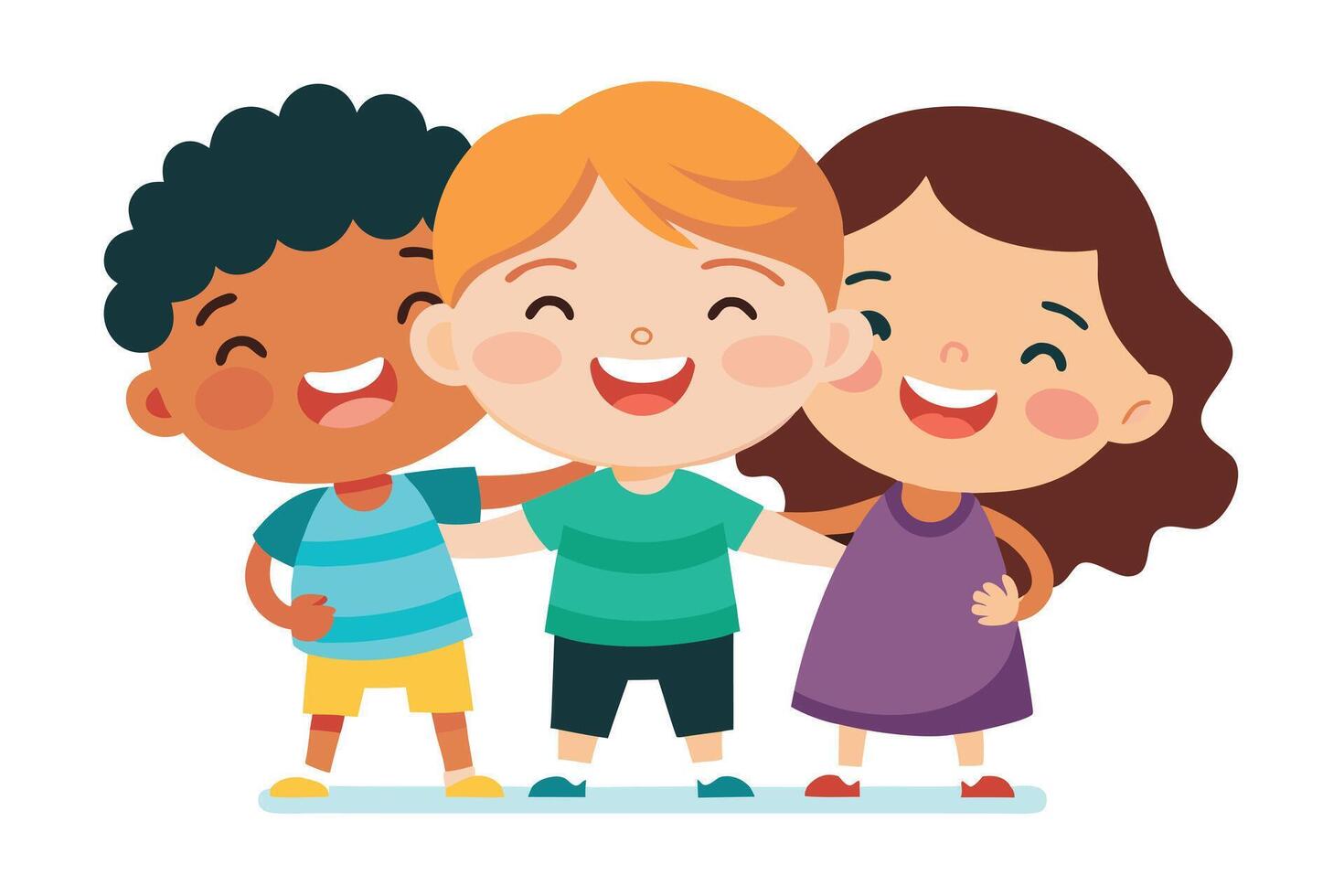 Diverse Kids Hugging with Joyful Smiles on White Background, Cartoon Style vector