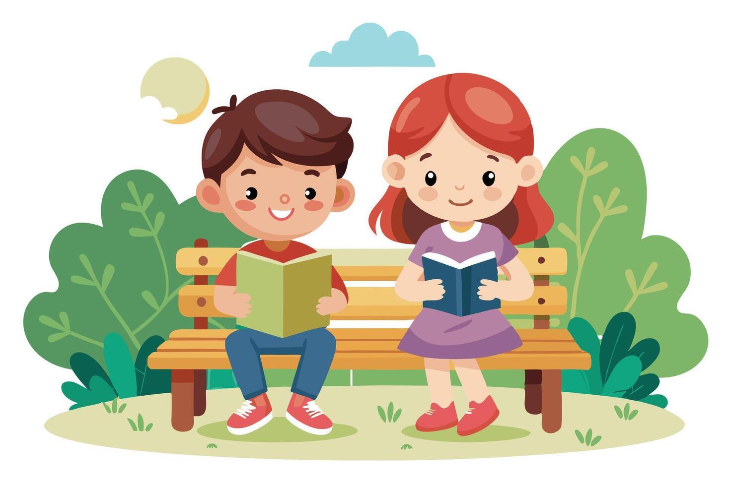 Cartoon Boy and Girl Reading Books on a Bench in Park with Trees and Cloud vector