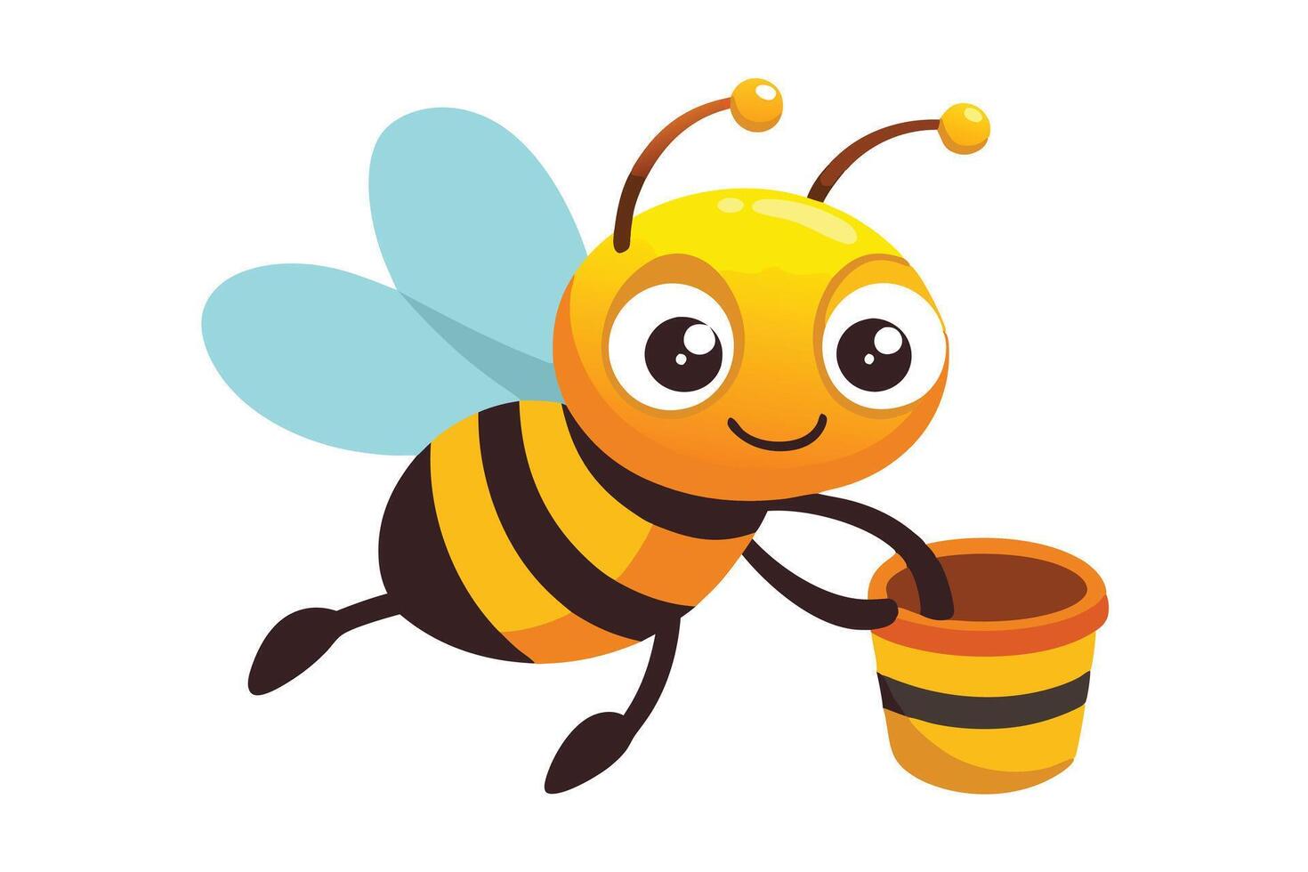 Cheerful Cartoon Bee Flying with Honey Bucket, Yellow and Brown Stripped Body isolated vector