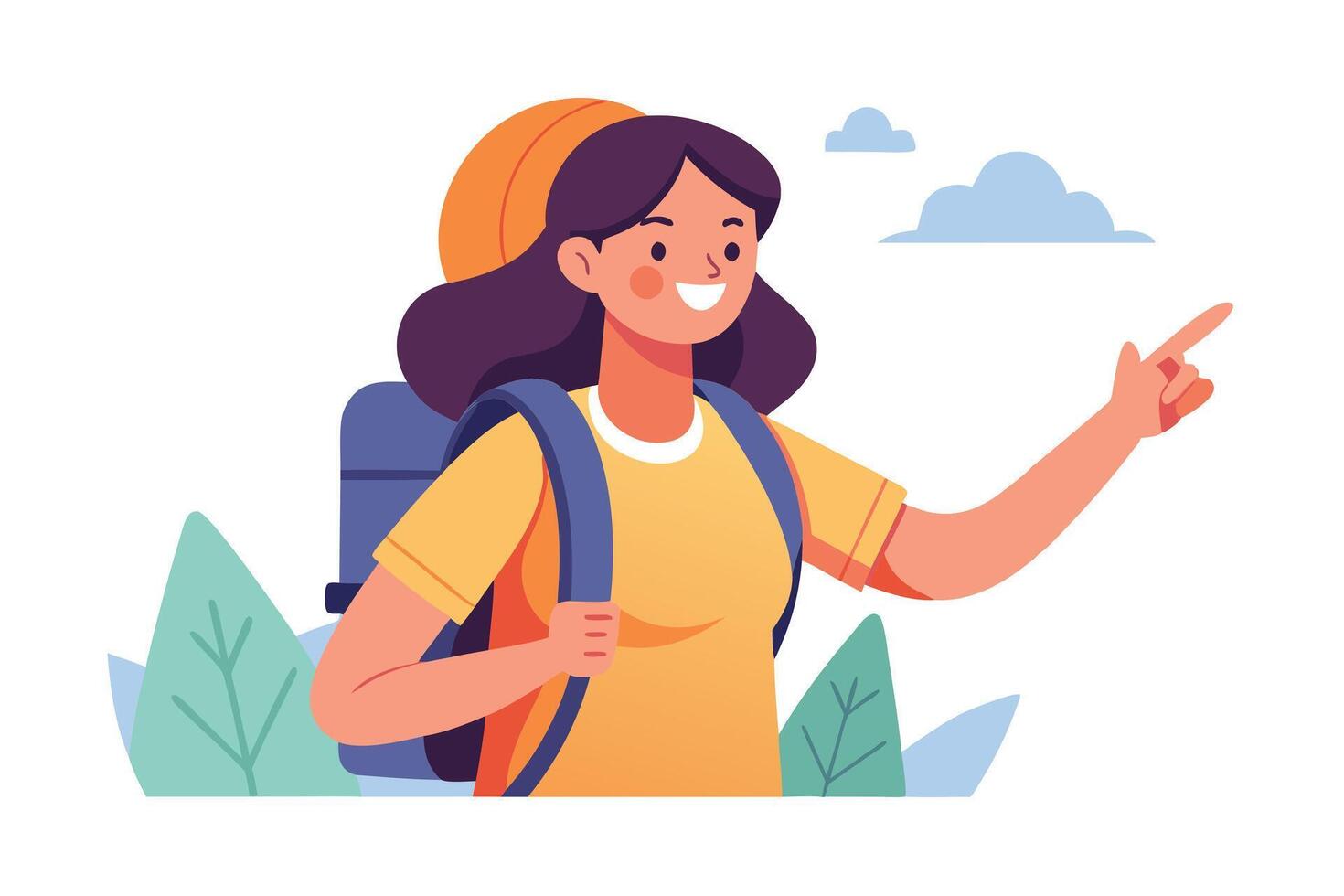 Smiling Hiker with Backpack, Flat Design, Brunette Woman Pointing on White Background vector