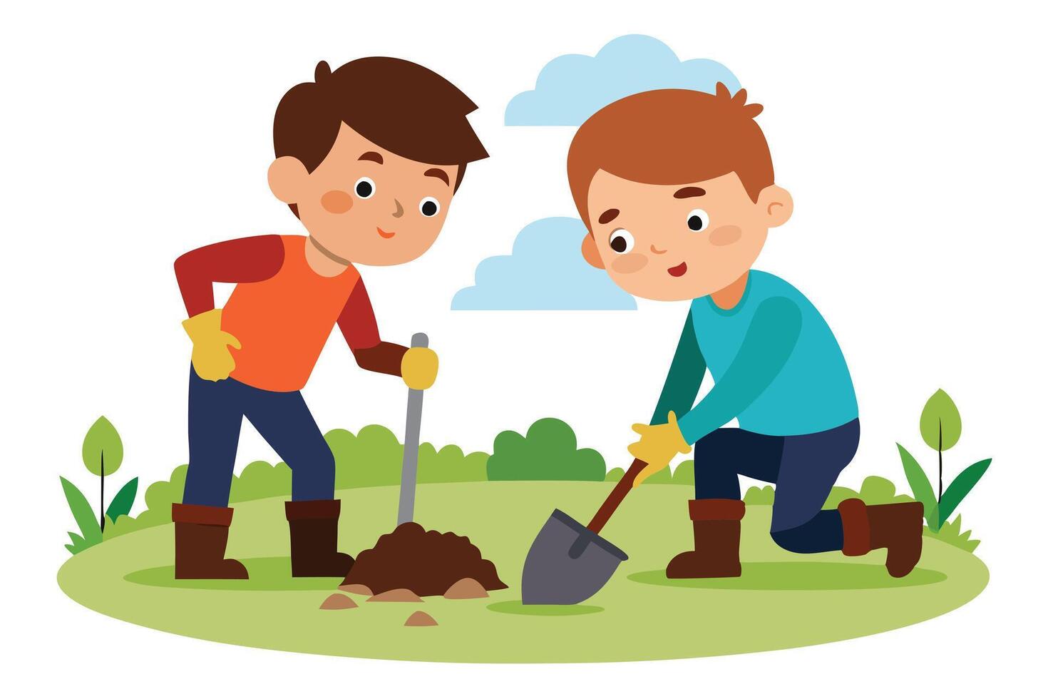 Two Boys Digging in Soil with Shovels and Wearing Boots on Green Grass vector