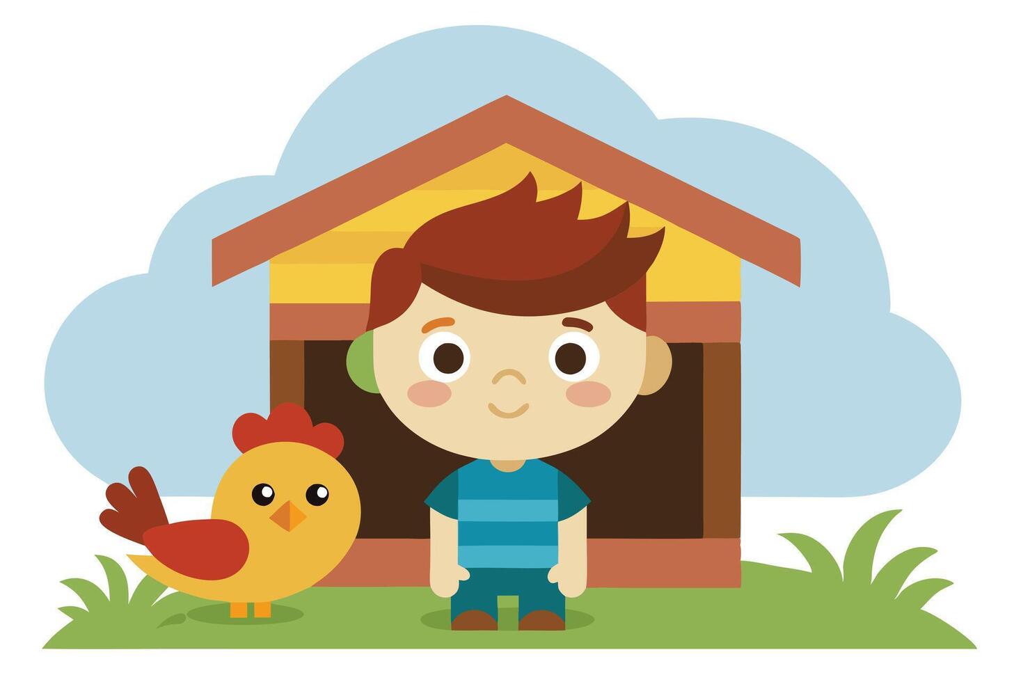Cute Cartoon Boy Near Chicken Coop With Chicken Flat vector
