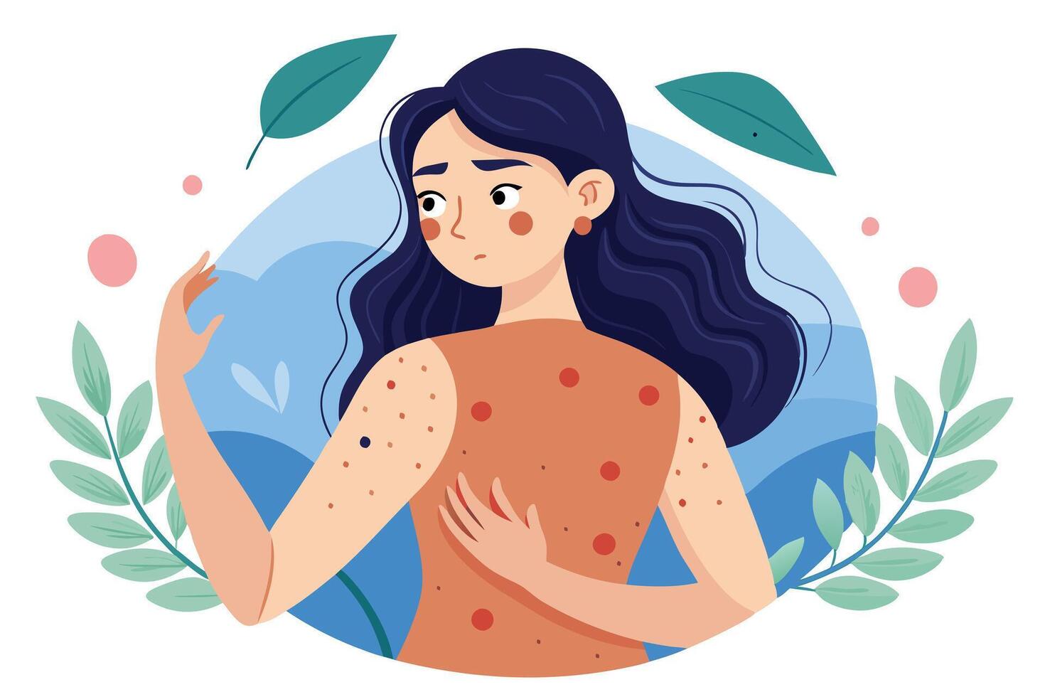 Worried Woman with Red Rash Skin Reaction on a White Background vector