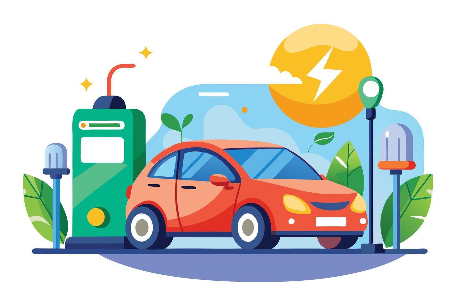 Modern Orange Electric Car Near Green Energy Charging Station on White Background vector