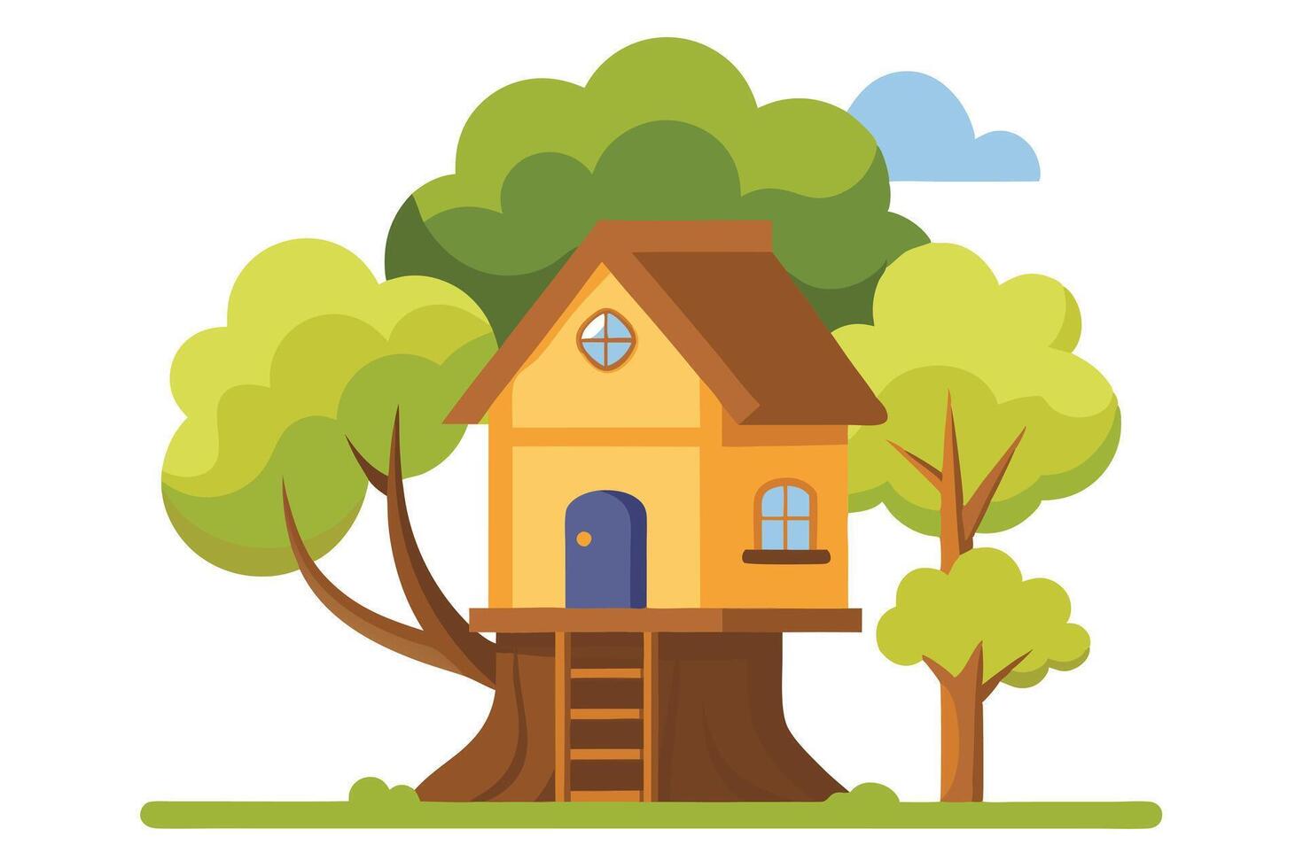 Cartoon Treehouse with Ladder, Foliage, Blue Door and Cloudy Sky, Nature Concept vector