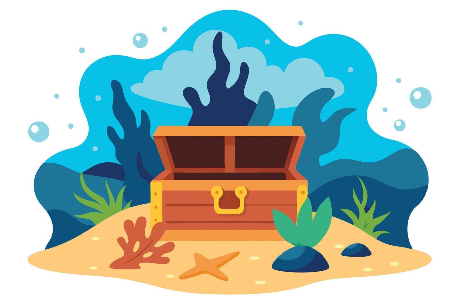 Open Treasure Chest with Starfish and Seaweed on Sandy Seabed, Flat Design vector