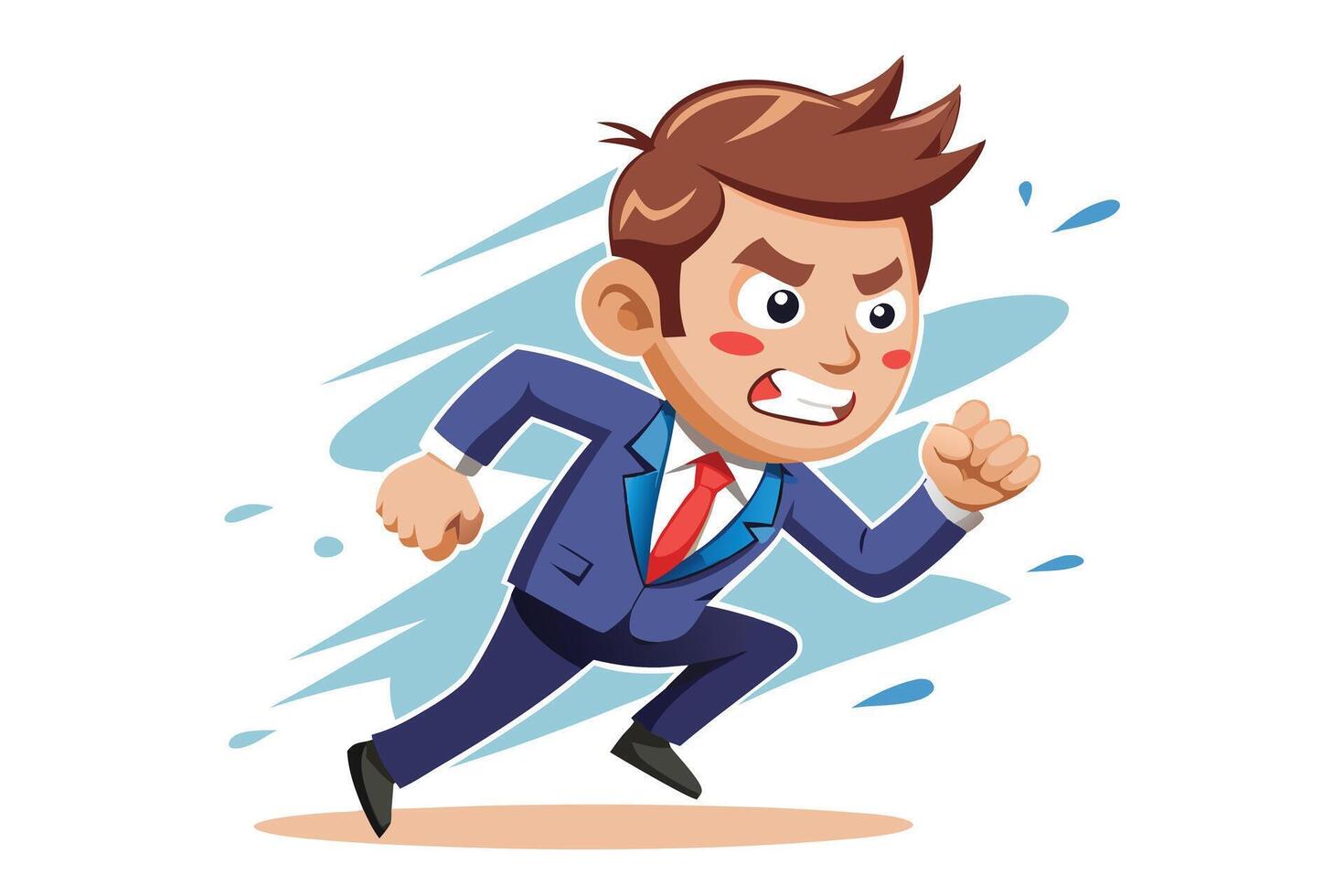 Angry Business Man Running Fast in Blue Suit, Red Tie Cartoon on White vector