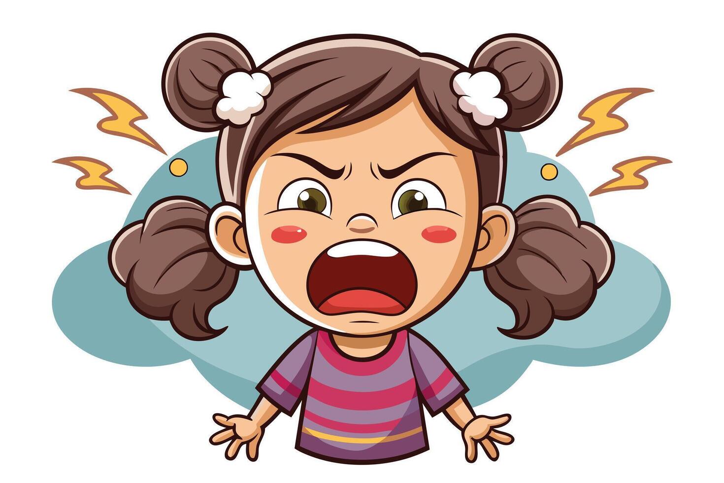 Cartoon Furious Brown Haired Girl with Thunder around Head and Open Mouth vector