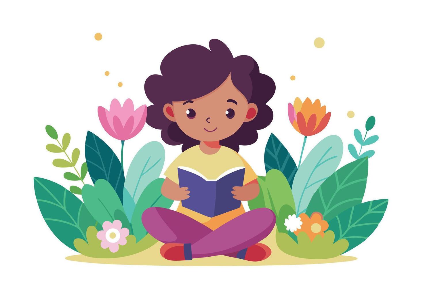 Cheerful African Girl Reading Book Amidst Floral Garden, White Background vector
