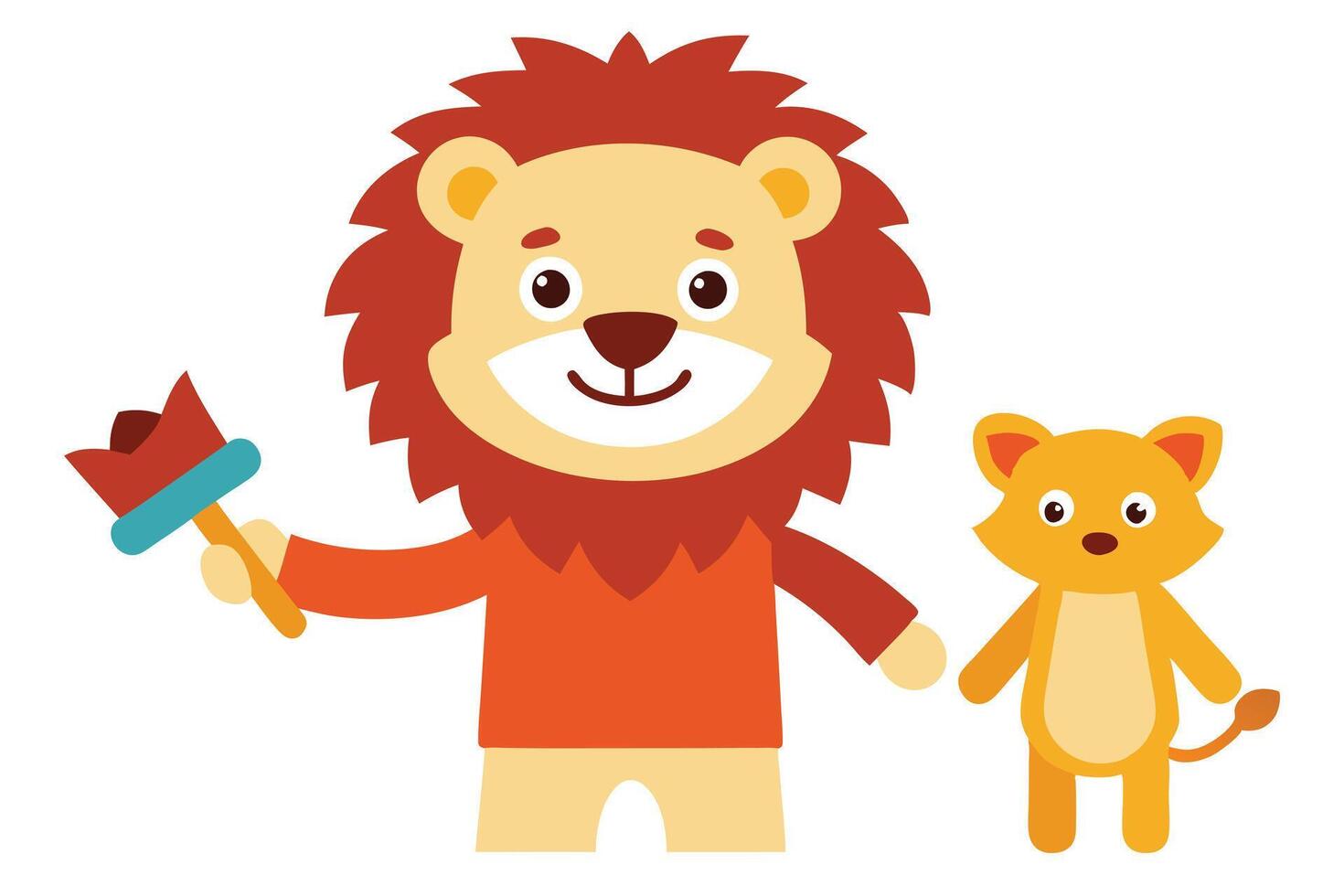 Joyful Cartoon Lion Holding Torch with Cub on White Background Flat Design vector