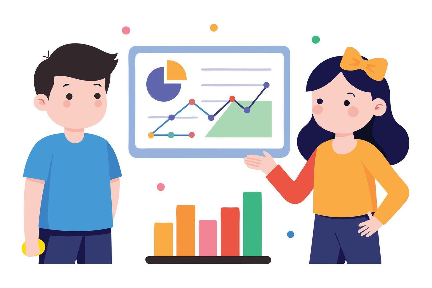 Cartoon Man and Woman Presenting Business Data Chart on White Background vector