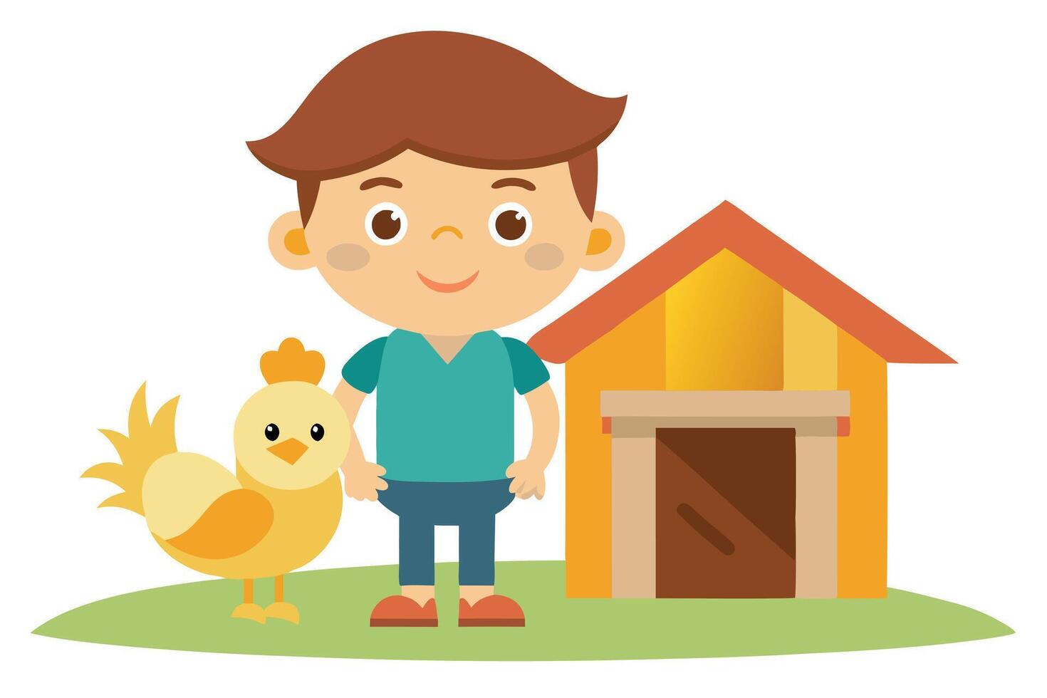 Cute Boy with Chicken near Coop, Cartoon Style on White Background vector