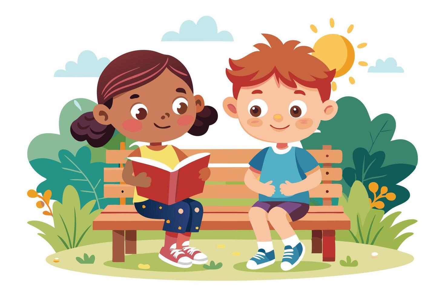 Cartoon Girl Reading Book and Boy Sitting on Bench in Park with Sunshine and Clouds vector