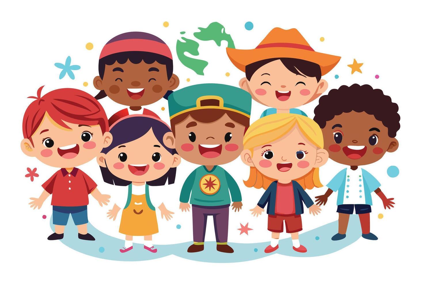Diverse Happy Cartoon Kids Group Standing Together with Joyful Smiling Faces and Hats vector