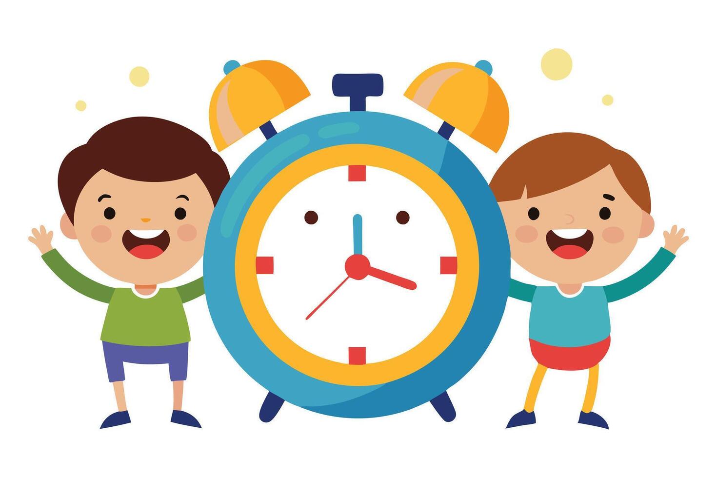 Cheerful Cartoon Boys with Blue Clock on White Background Happy Kids Design vector