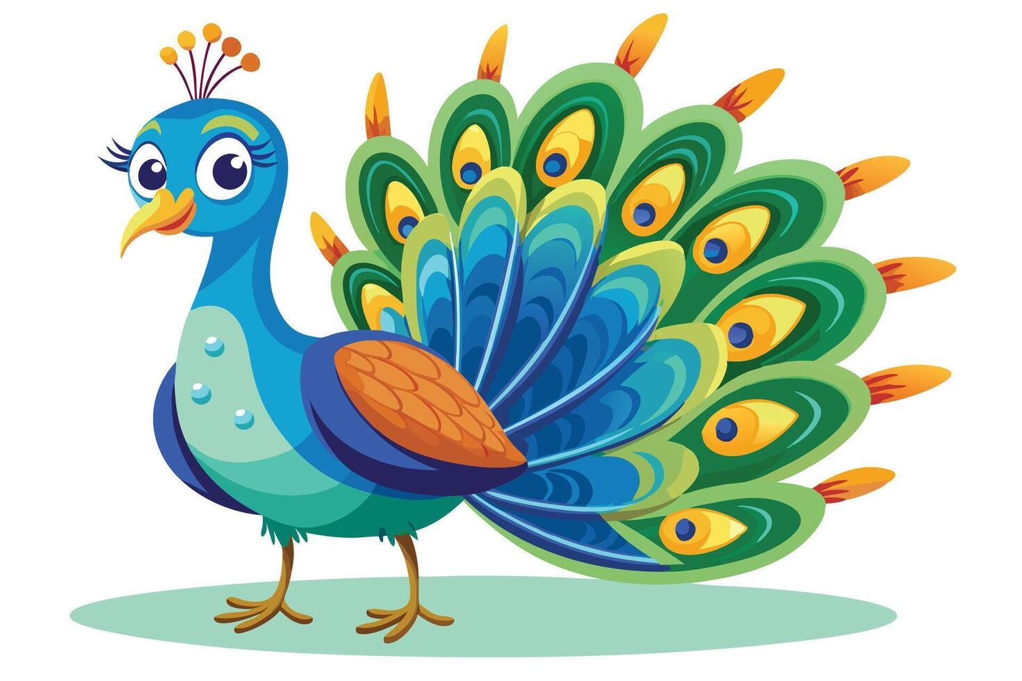 Charming Cartoon Peacock Whimsical Bird, Vibrant Feathers on White Background vector
