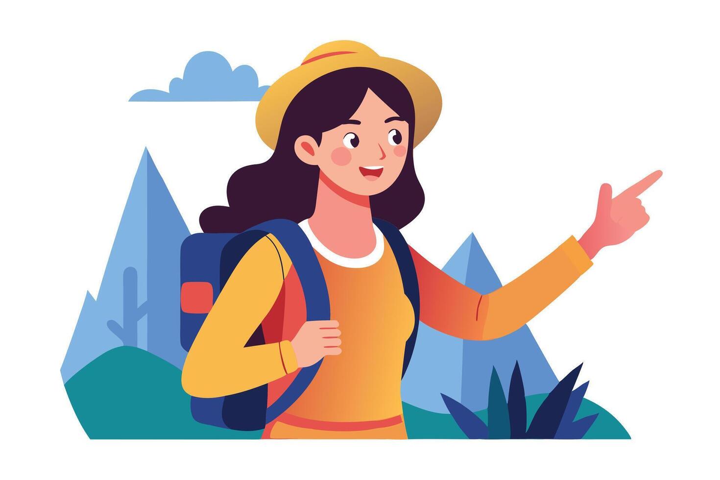 Cheerful Girl with Hat Pointing Finger Wearing Backpack with Mountain View vector