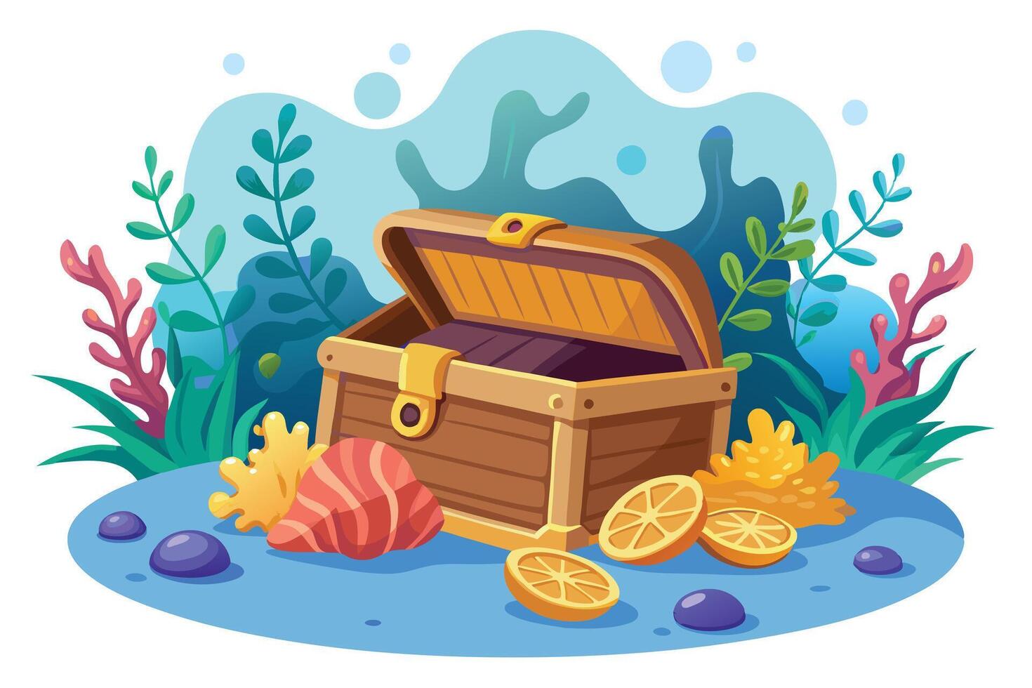 Open Treasure Chest with Shell, Coral, Seaweed, and Blue Bubbles on Seascape vector