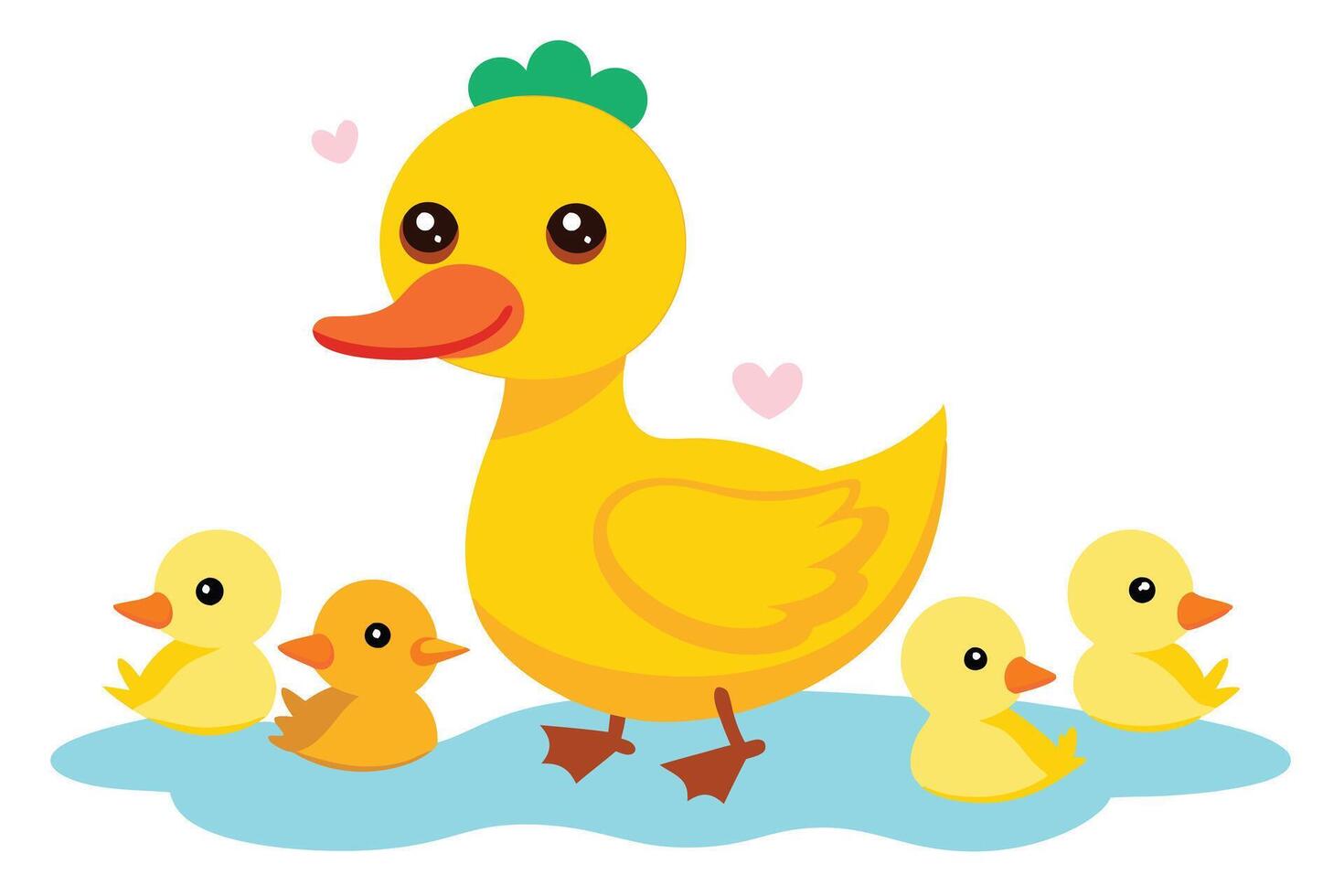 Cute Yellow Duck with Ducklings Swimming Cartoon on the Blue Water Surface vector