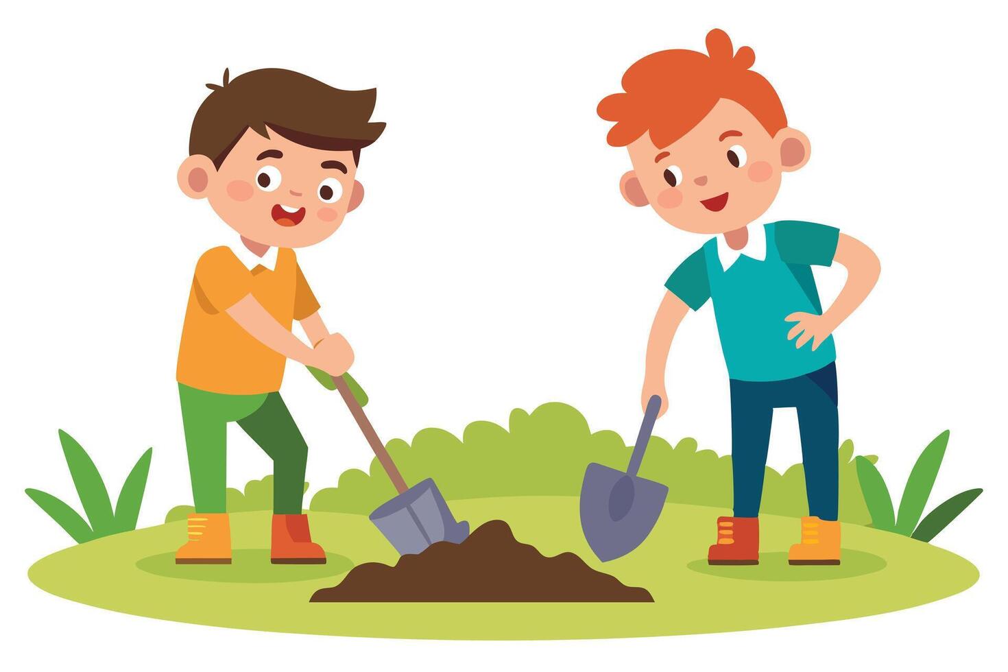 Cartoon Boys Digging Soil with Shovels on Green Grass in White Background Flat Style vector