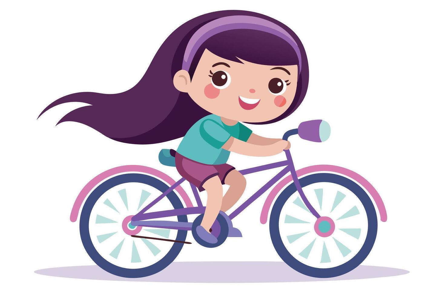 Smiling Purple Haired Cartoon Girl Rides Bicycle with Playful Charm on White Background vector