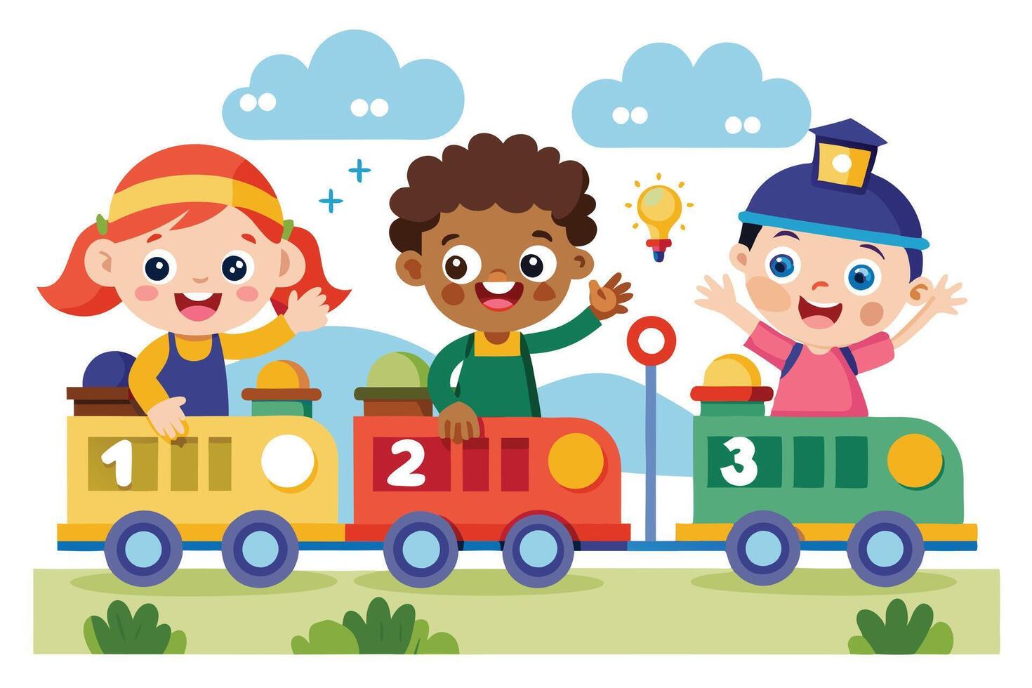 Cartoon Kids Riding Colorful Toy Train with Numbers Waving Hands on White Background vector