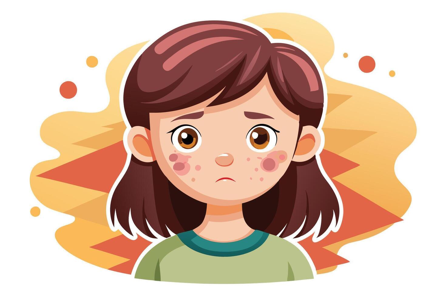 Cartoon Young Girl with Skin Condition, Pimple, Acne and Sad Expression on Face vector