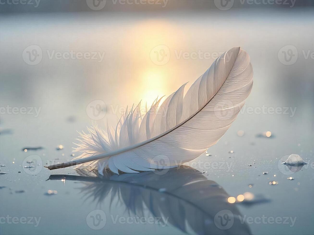 White Feather Floating on Water Reflecting Sunlight Serene and Peaceful photo