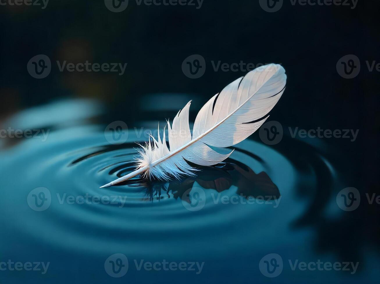 Feather Floating on Water Surface Creating Ripples in Serene Blue photo