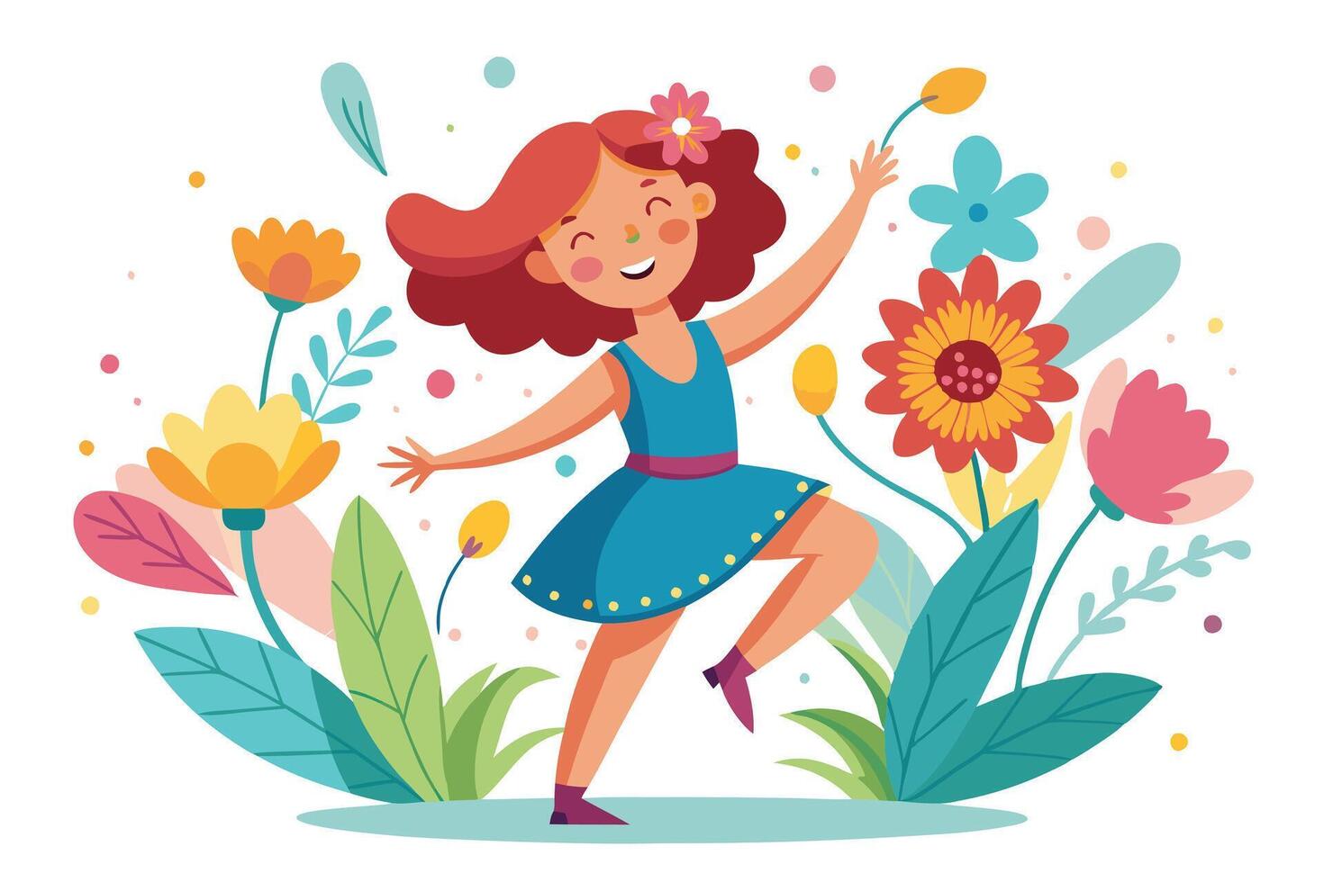 Joyful Cartoon Girl Dancing with Flowers on White Background in Flat vector