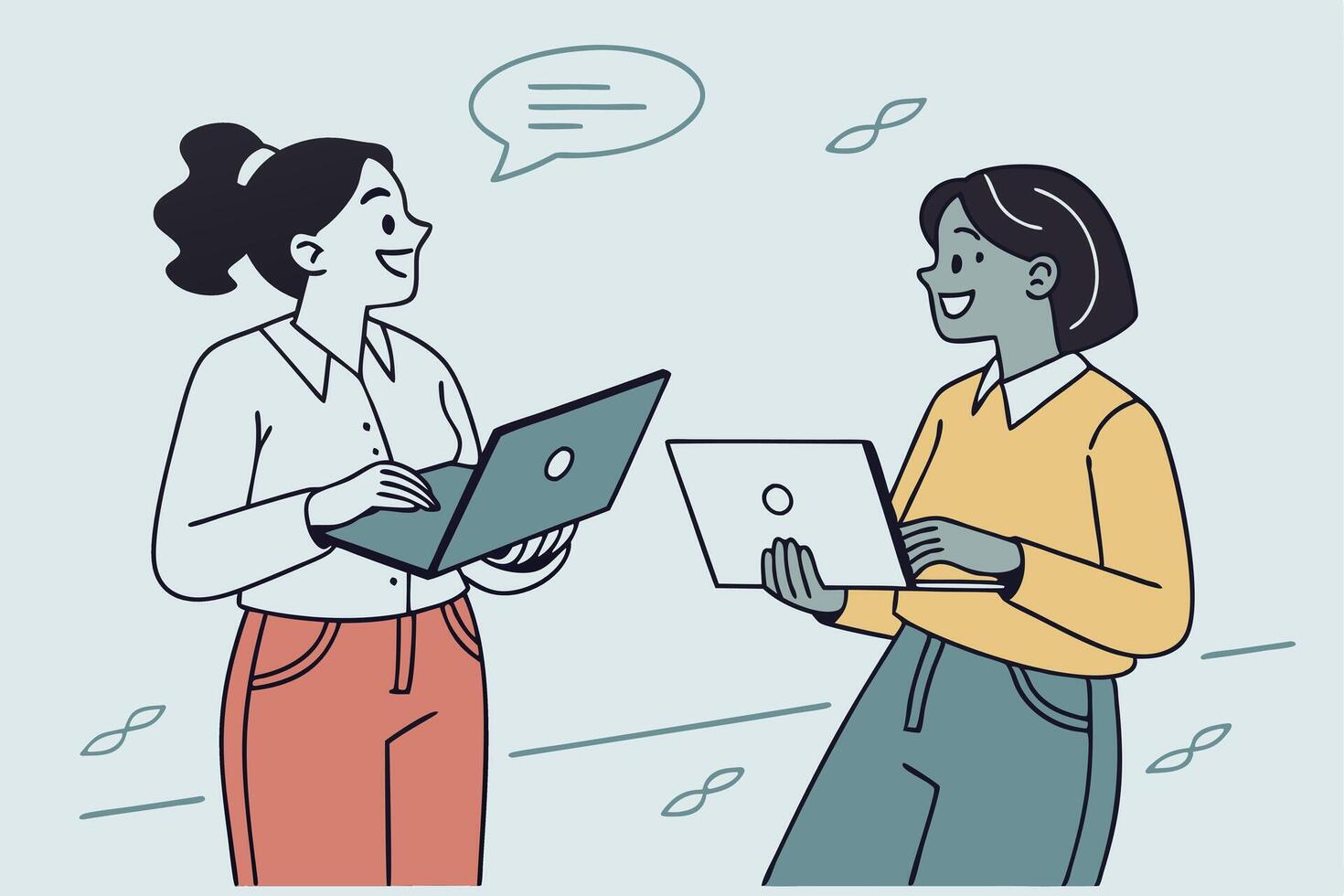 Two Asian Women Discussing with Laptops in Hand on Light Cyan Background vector
