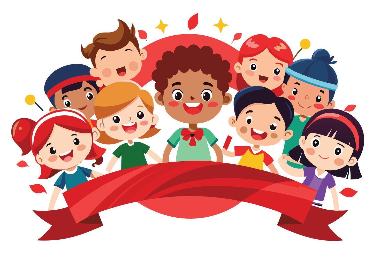 Cheerful Multicultural Kids with Ribbon Banner on White Background vector